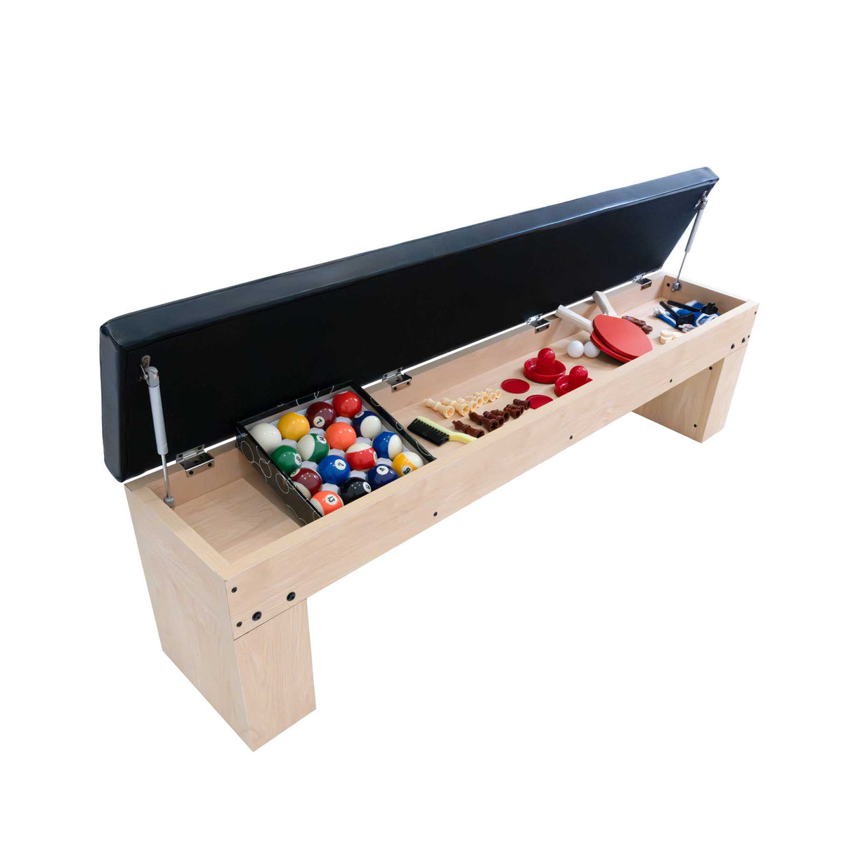Mesa de juegos 7 en 1 de color roble con banco de almacenamiento, tapa negra, y compartimentos para juegos y accesorios coloridos
