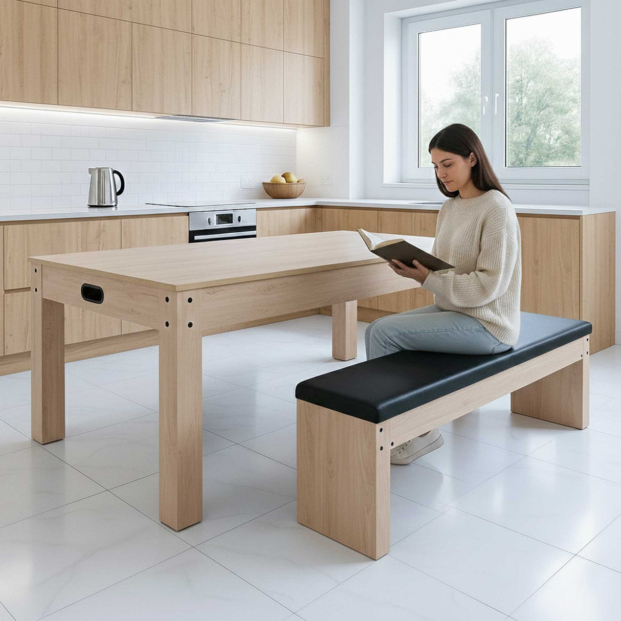 Mesa de juegos 7 en 1 de roble claro con banco de almacenamiento, superficie lisa y moderna, ideal para espacios funcionales y elegantes