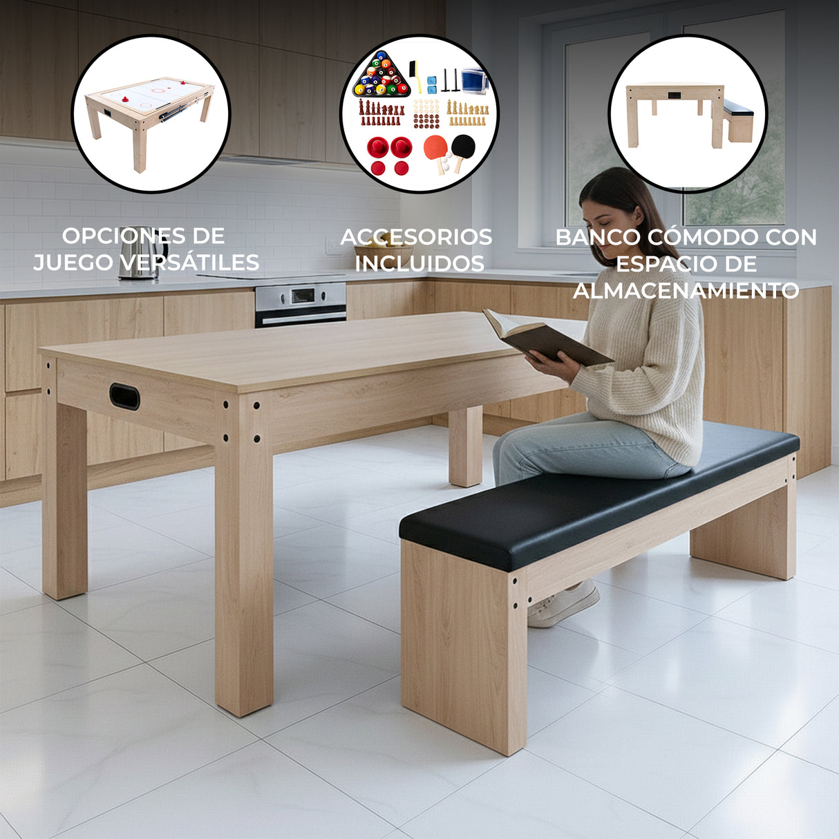 Mesa de juegos de roble clara con banco negro, espacio de almacenamiento y accesorios para múltiples juegos en un entorno moderno