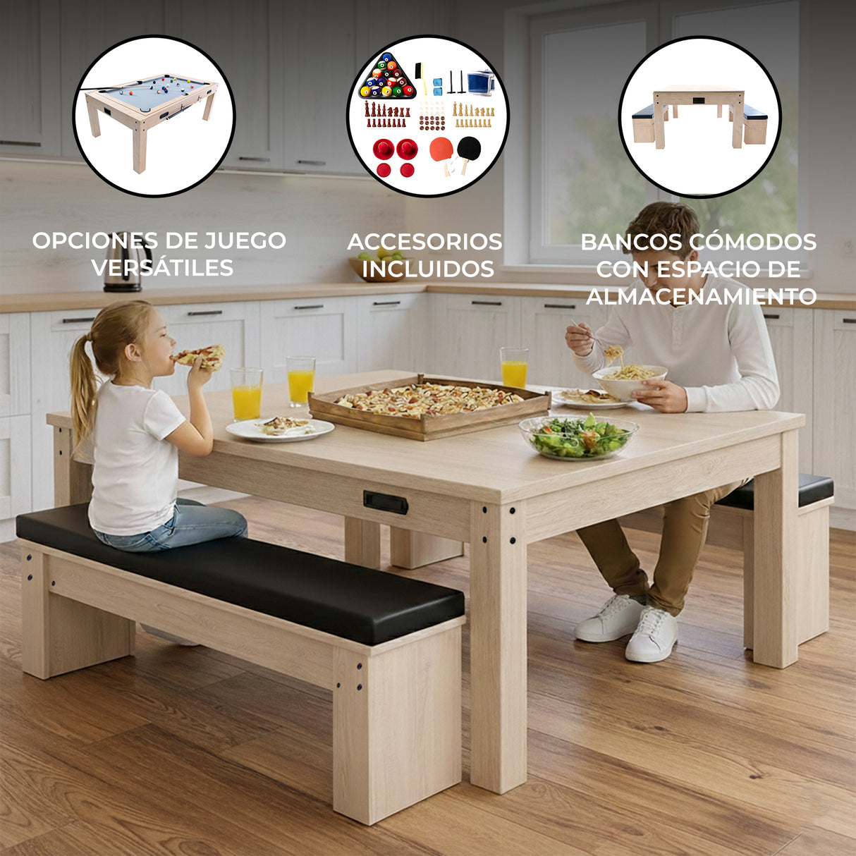 Mesa de juegos de roble con dos bancos de almacenamiento, niños disfrutando de snacks, accesorios de juego visibles y ambiente acogedor