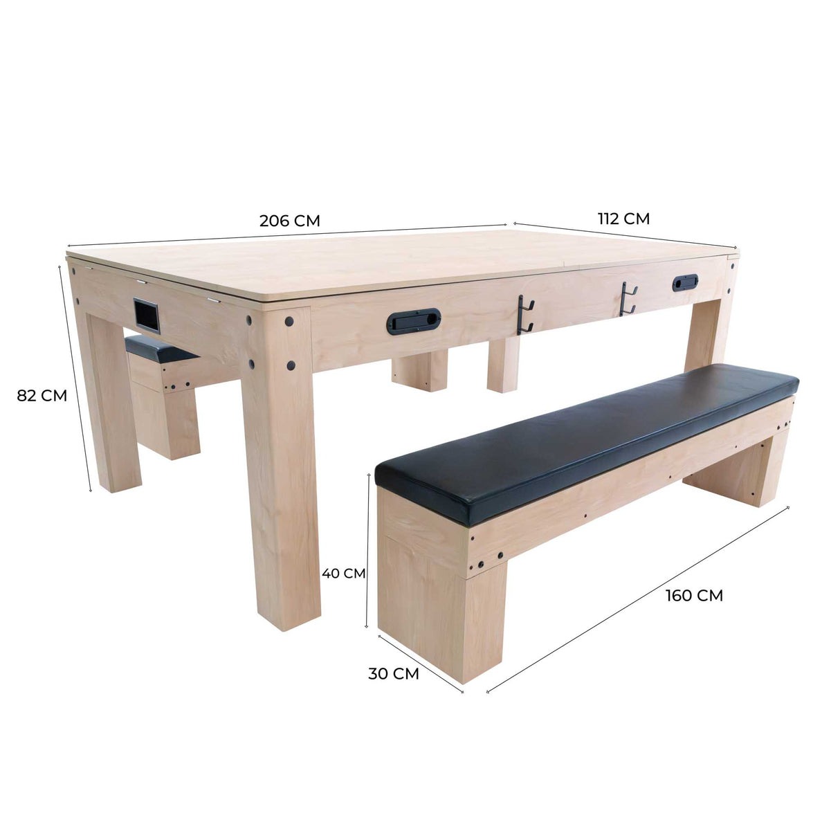 Mesa de juegos de roble con dos bancos de almacenamiento, acabado claro, líneas rectas y medidas detalladas en el diseño