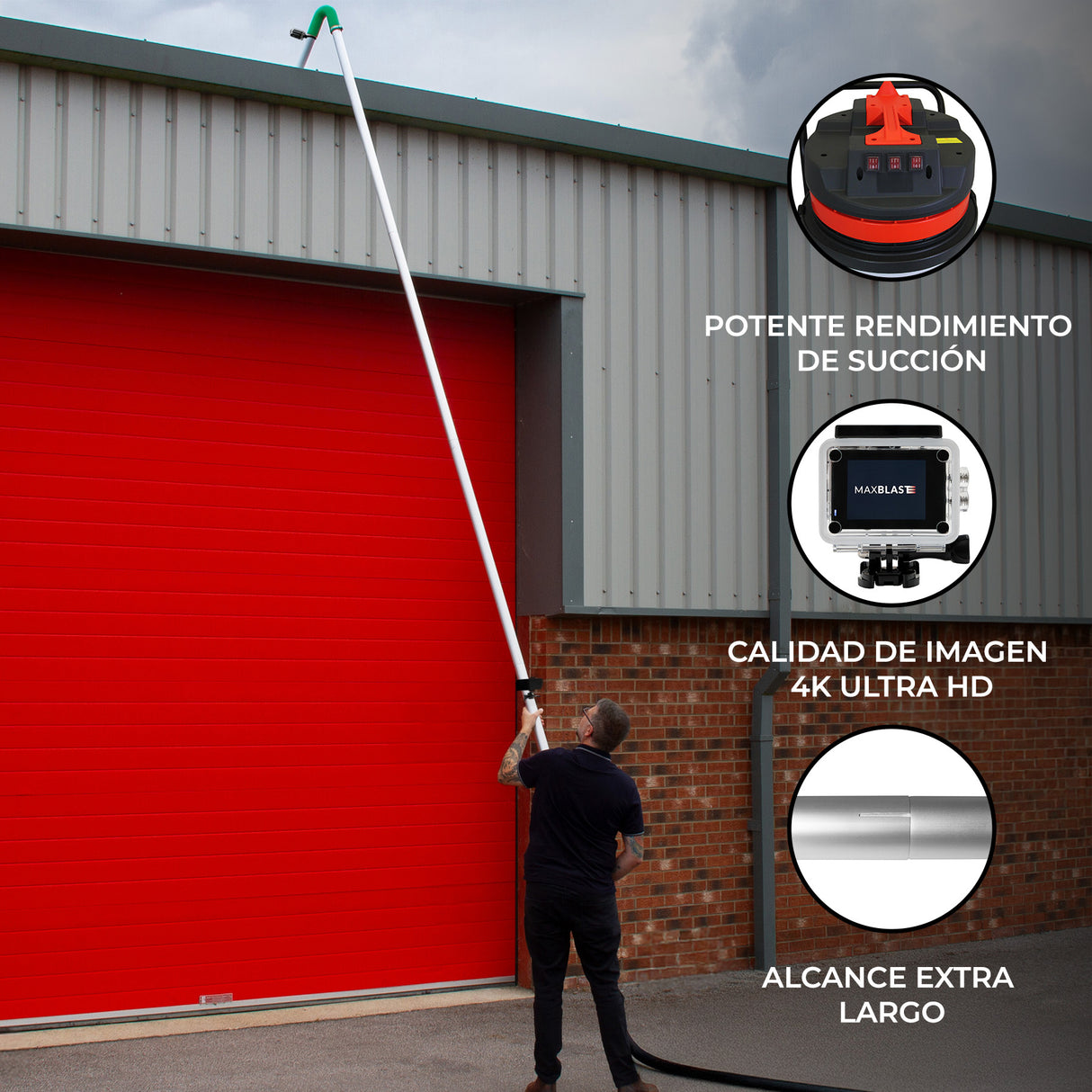 Kit de Limpieza de Canalones con Aspiradora 90L, Tubos Extensibles y Cámara 4K