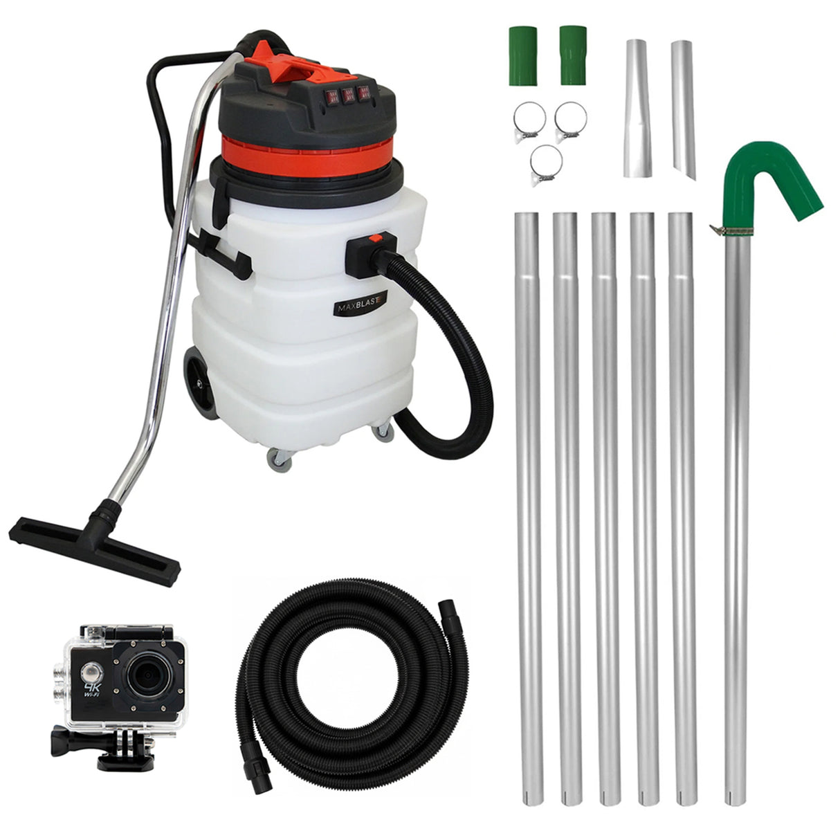 Kit de Limpieza de Canalones con Aspiradora 90L (Manguera de 5m), Tubos Extensibles y Cámara 4K