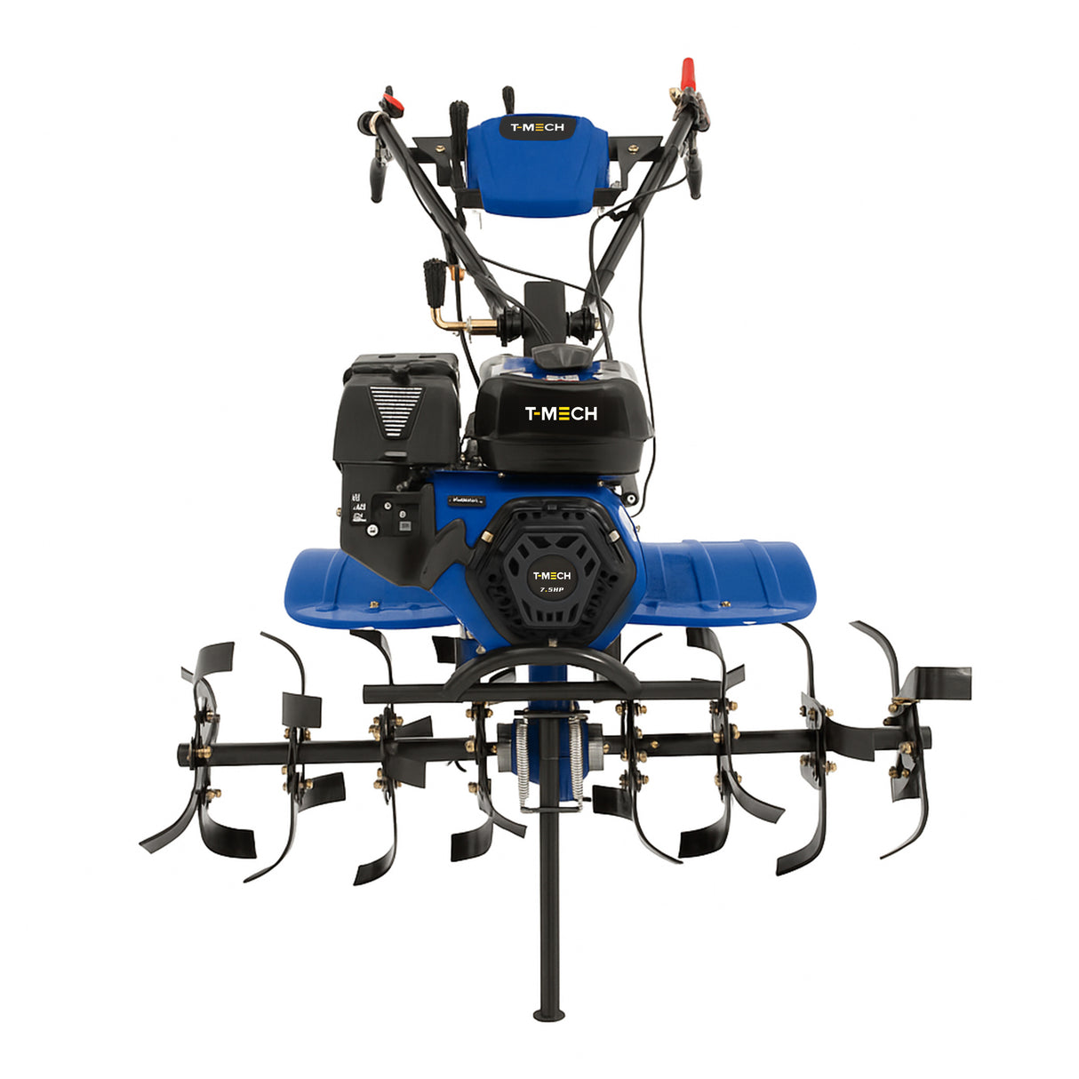 Motocultor a gasolina de 7.5 CV, con motor negro, chasis azul y cuchillas metálicas, ideal para labranza de suelos agrícolas