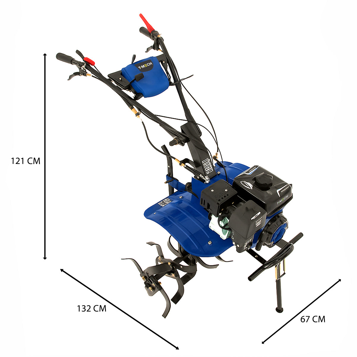Motocultor a gasolina de 7.5 CV, color azul, con manillar ajustable, cuchillas afiladas y motor robusto, ideal para labranza eficiente