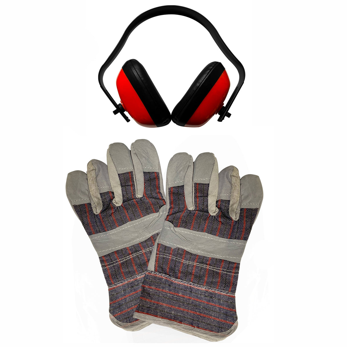 Guantes de trabajo grises con rayas rojas y protectores auditivos negros y rojos, ideales para uso con motocultores y maquinaria agrícola