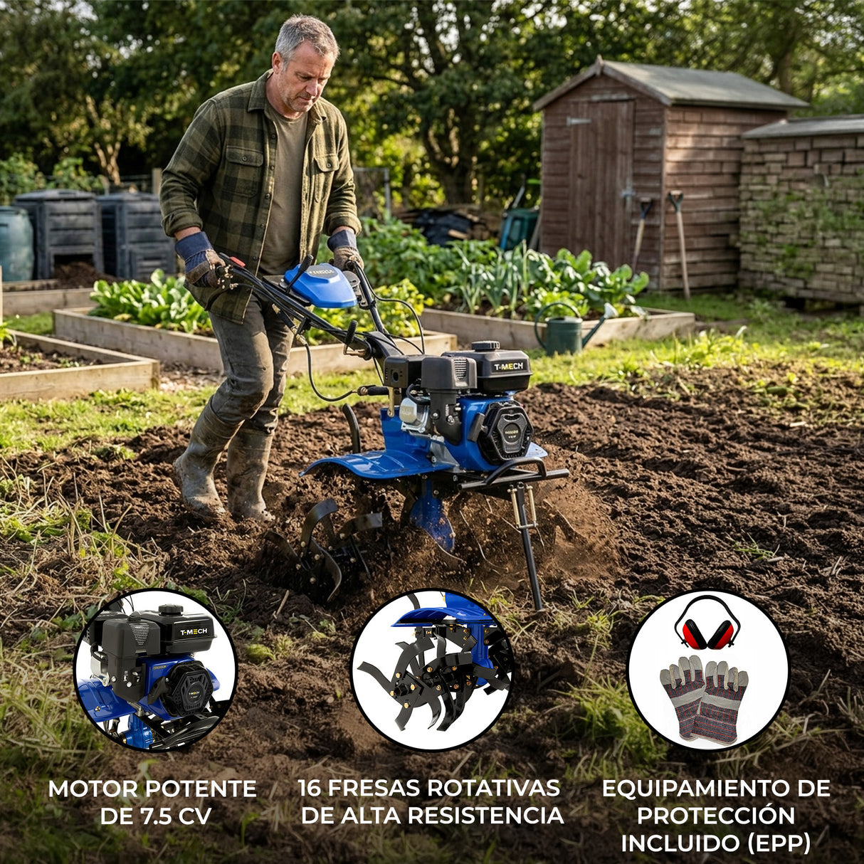 Motocultor a gasolina de 7.5 CV en acción, con fresas rotativas azules, trabajando en un suelo marrón y fértil, rodeado de vegetación
