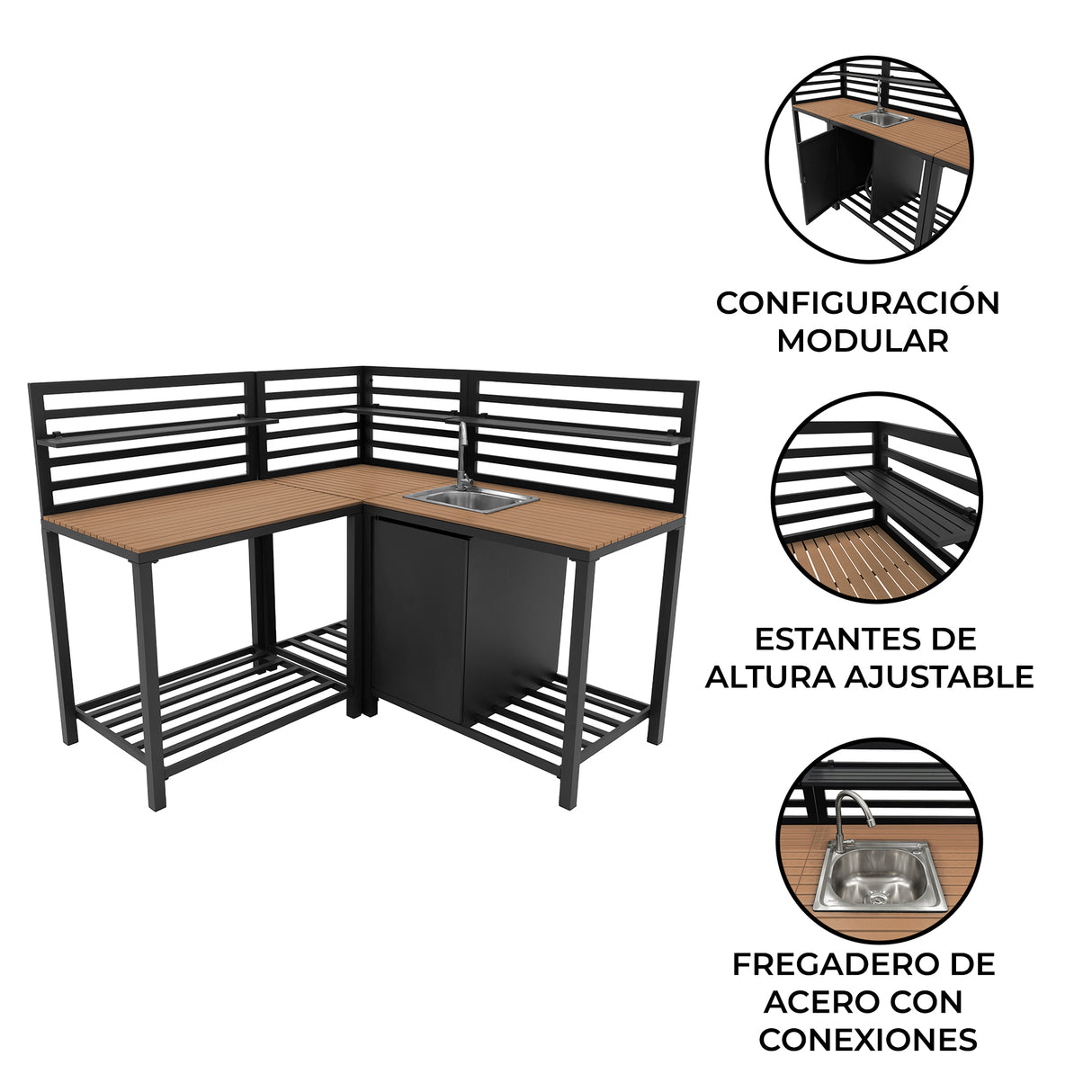Conjunto de Cocina Exterior de Aluminio y Madera de 3 Piezas