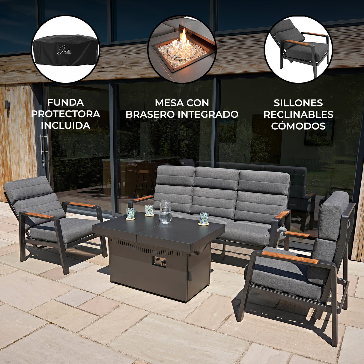 Conjunto de Muebles Reclinables para 5 Personas con Mesa Brasero