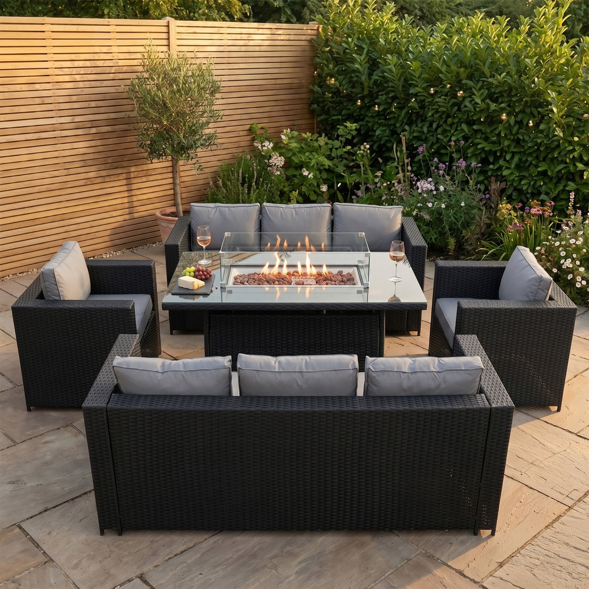 Conjunto de Jardín de Ratán 8 Plazas con Mesa de Fuego a Gas – Negro
