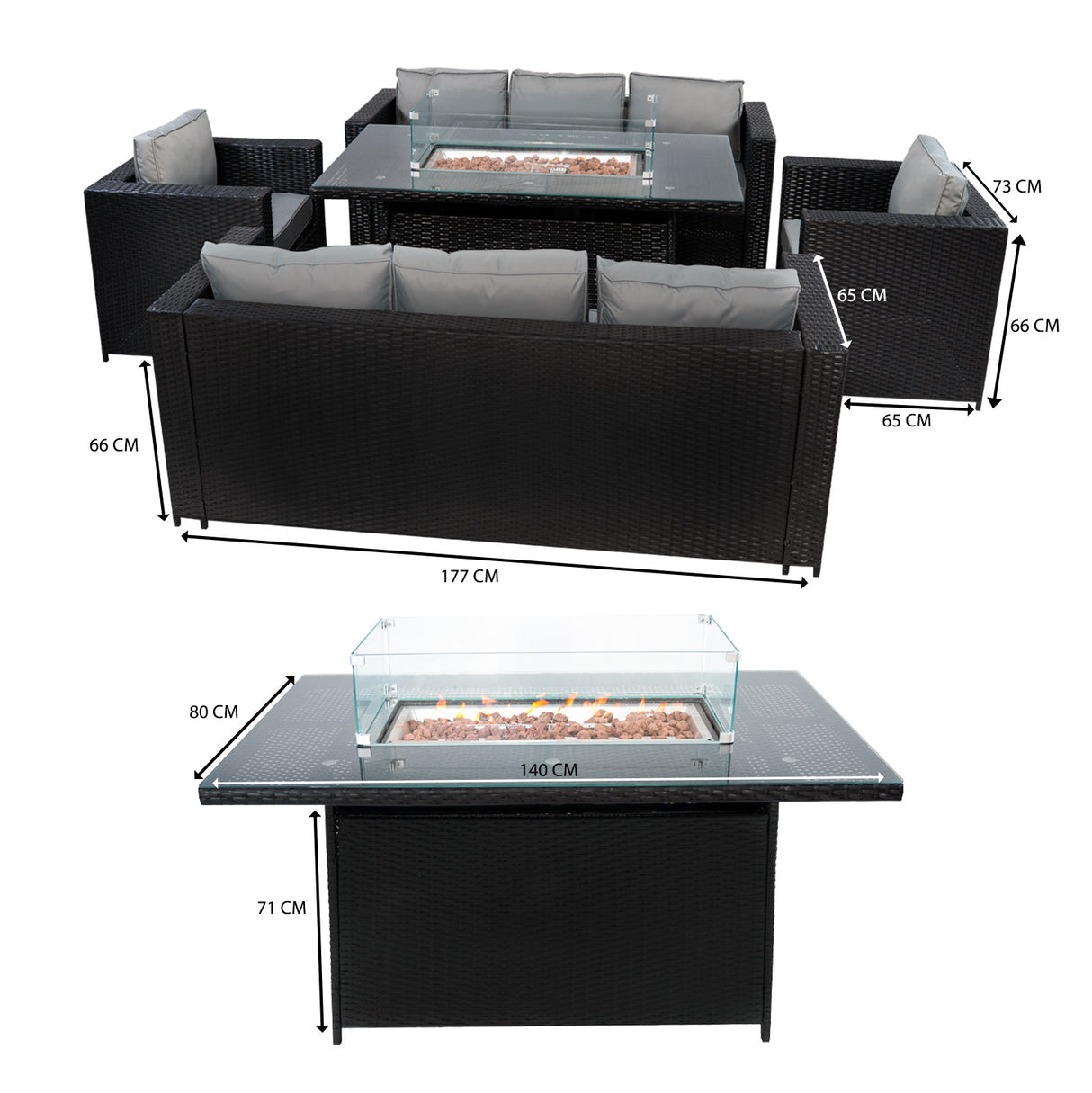 Conjunto de Jardín de Ratán 8 Plazas con Mesa de Fuego a Gas – Negro
