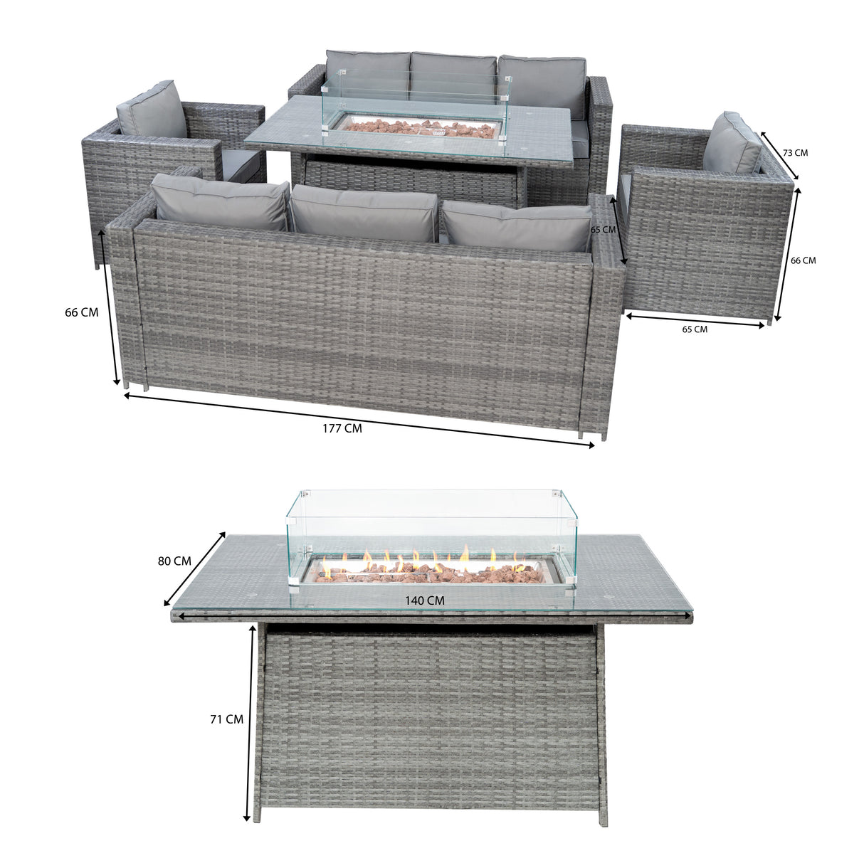 Conjunto de Jardín de Ratán 8 Plazas con Mesa de Fuego a Gas – Gris