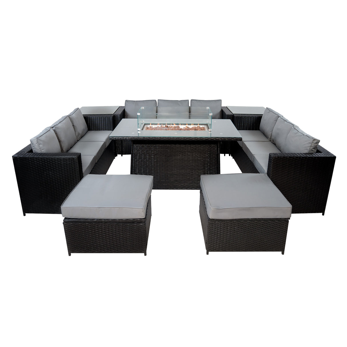Conjunto de Jardín de Ratán 11 Plazas con Mesa de Fuego a Gas – Negro