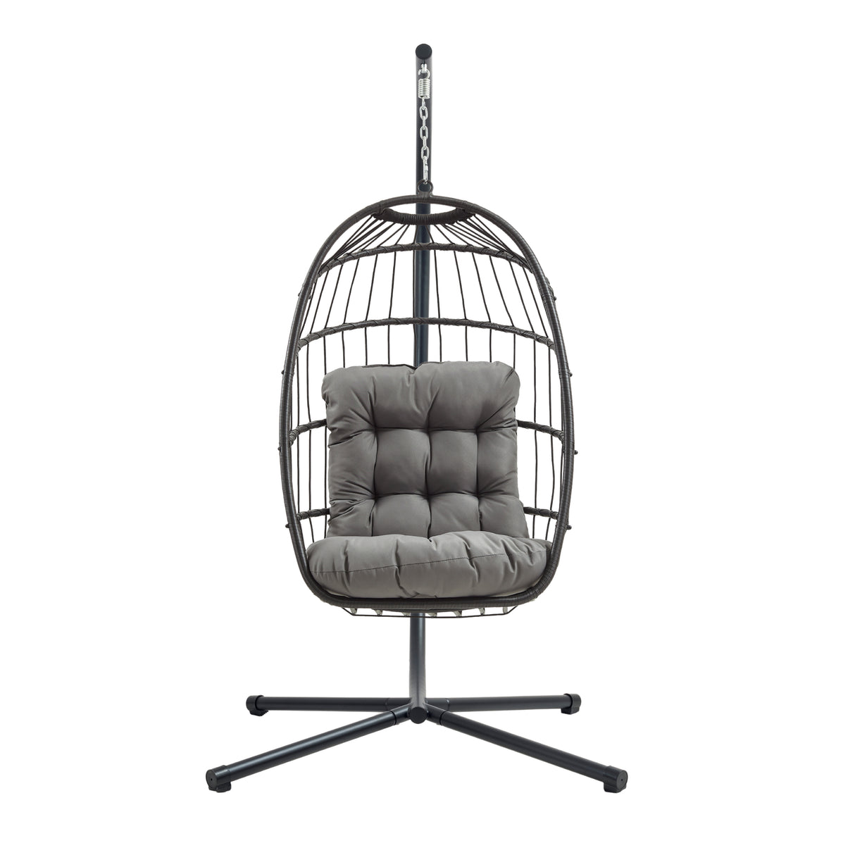 Silla colgante tipo huevo de ratán negro con cojín gris, diseño moderno y estructura metálica, ideal para interiores y exteriores