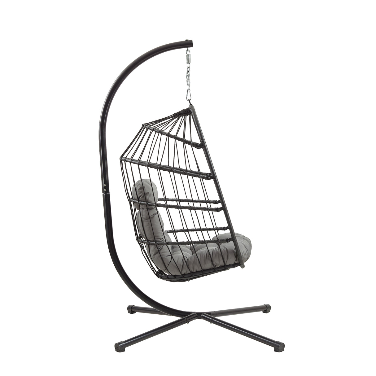 Silla colgante tipo huevo de ratán negra con estructura metálica, cojín gris suave y diseño moderno, ideal para interiores y exteriores