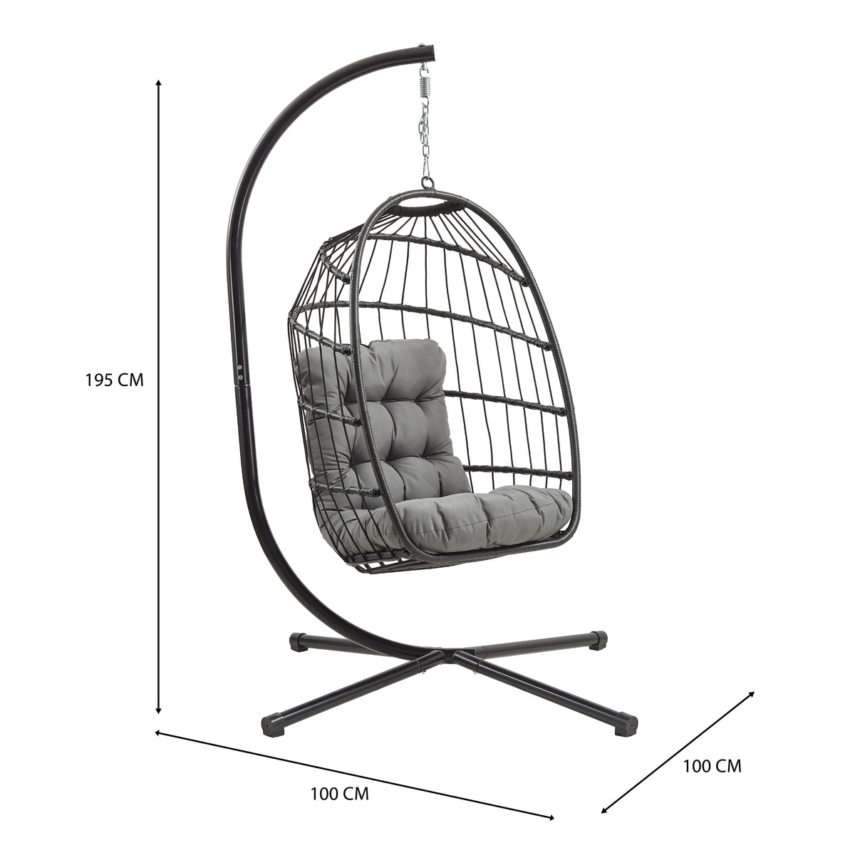 Silla colgante tipo huevo de ratán negra con cojines grises, estructura metálica elegante y diseño moderno, ideal para interiores y exteriores