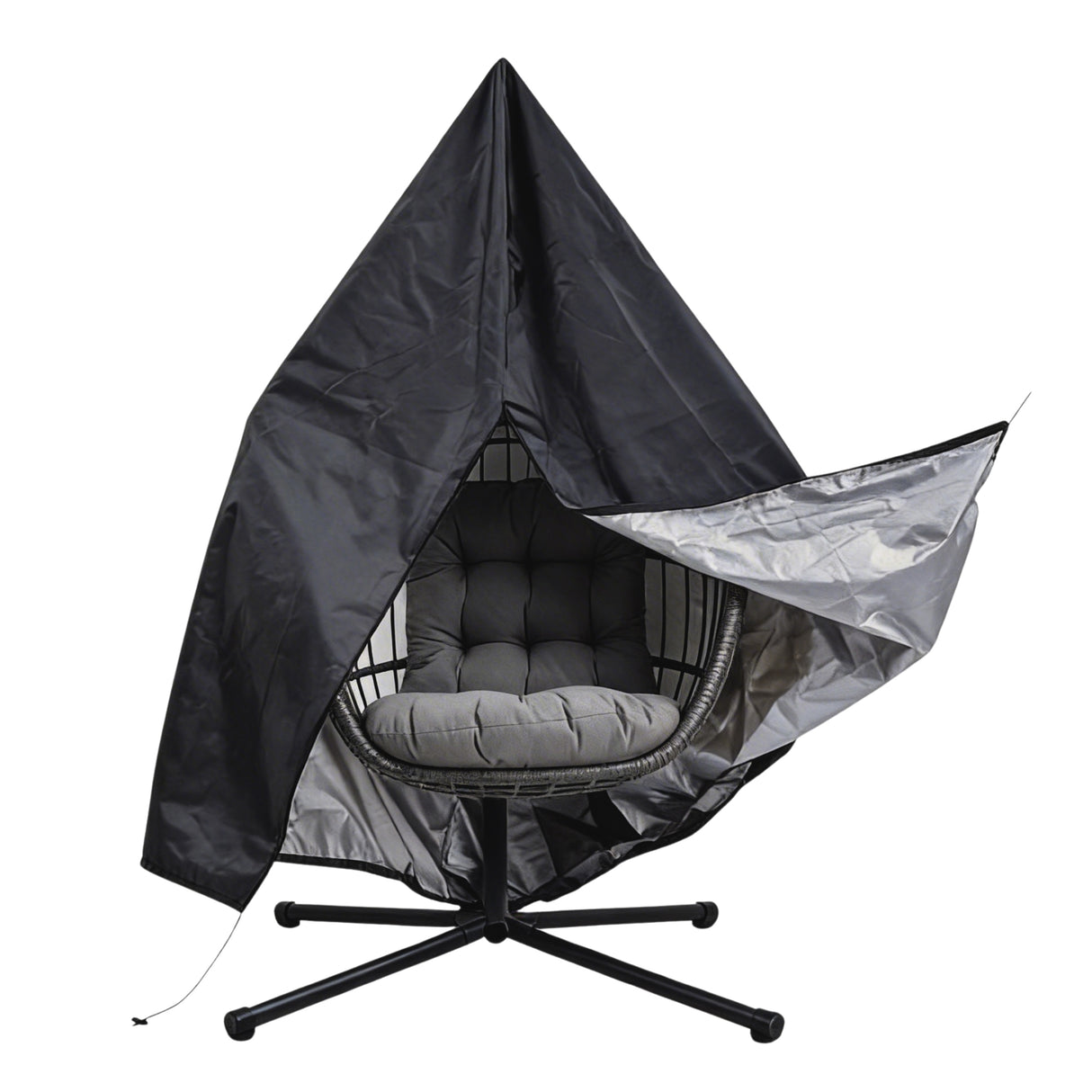 Silla colgante tipo huevo de ratán negra con cojín gris, diseño moderno y elegante, ideal para interiores y exteriores