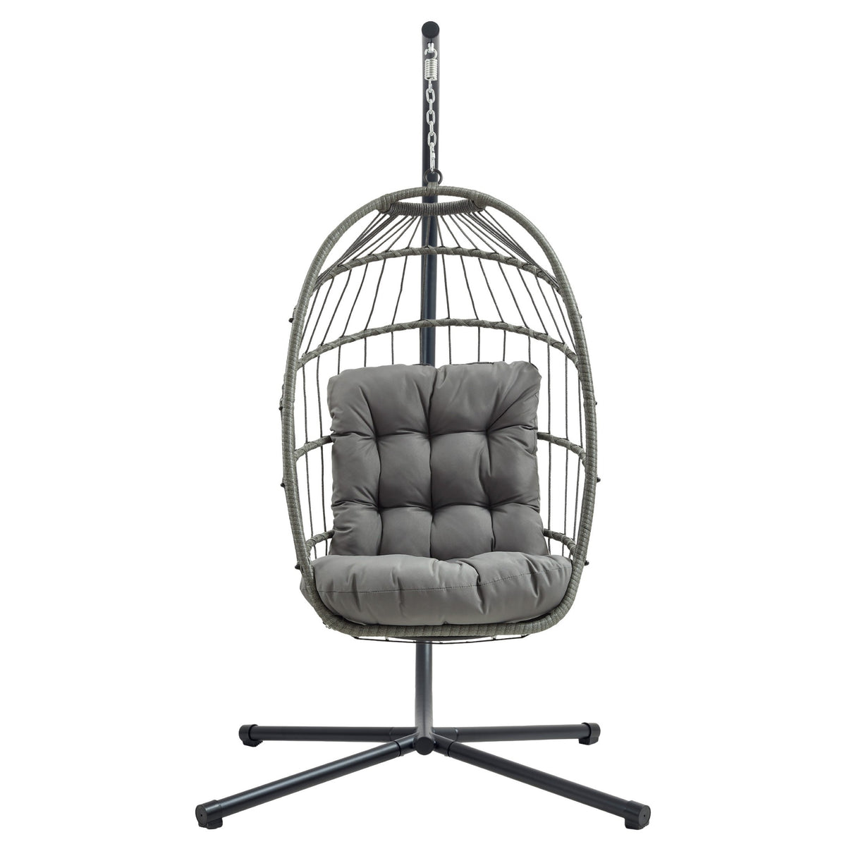 Silla colgante tipo huevo de ratán gris con cojín acolchado, estructura metálica negra y diseño moderno y elegante
