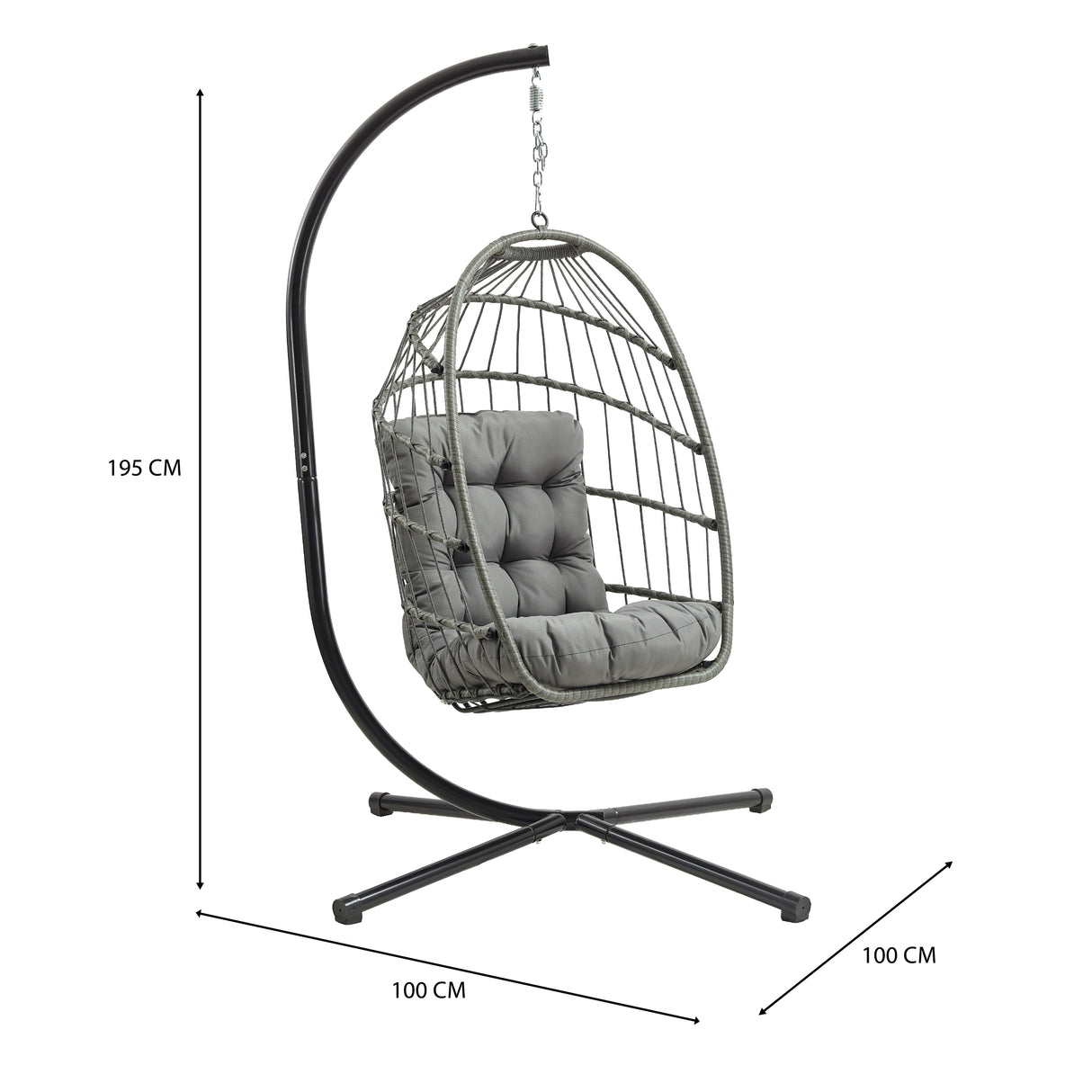Silla colgante tipo huevo de ratán gris con cojín suave, estructura metálica negra y diseño moderno, ideal para interiores y exteriores
