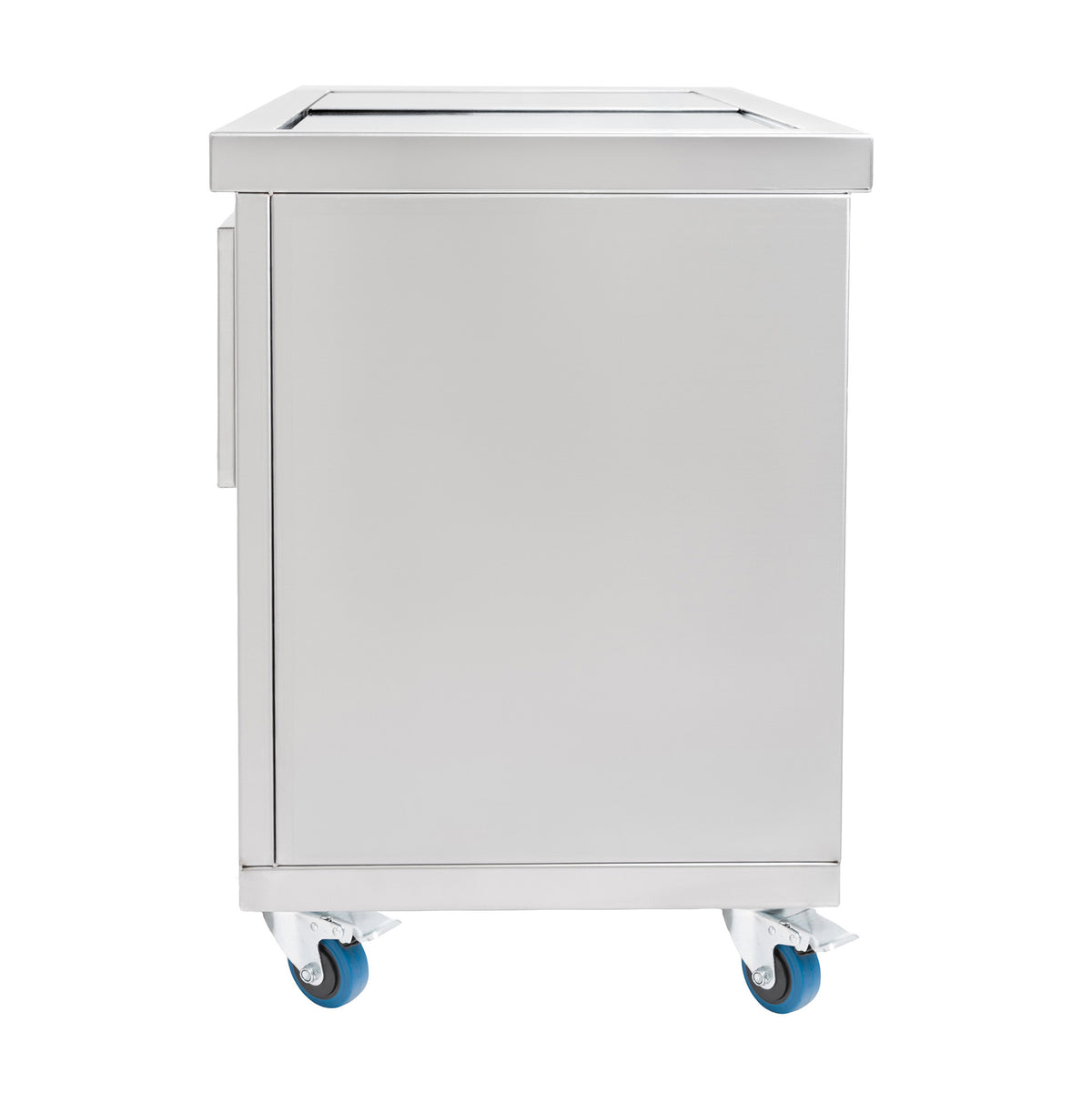 Carro de acero inoxidable con ruedas azules, diseño moderno y superficie lisa, ideal para almacenamiento y transporte en cocina