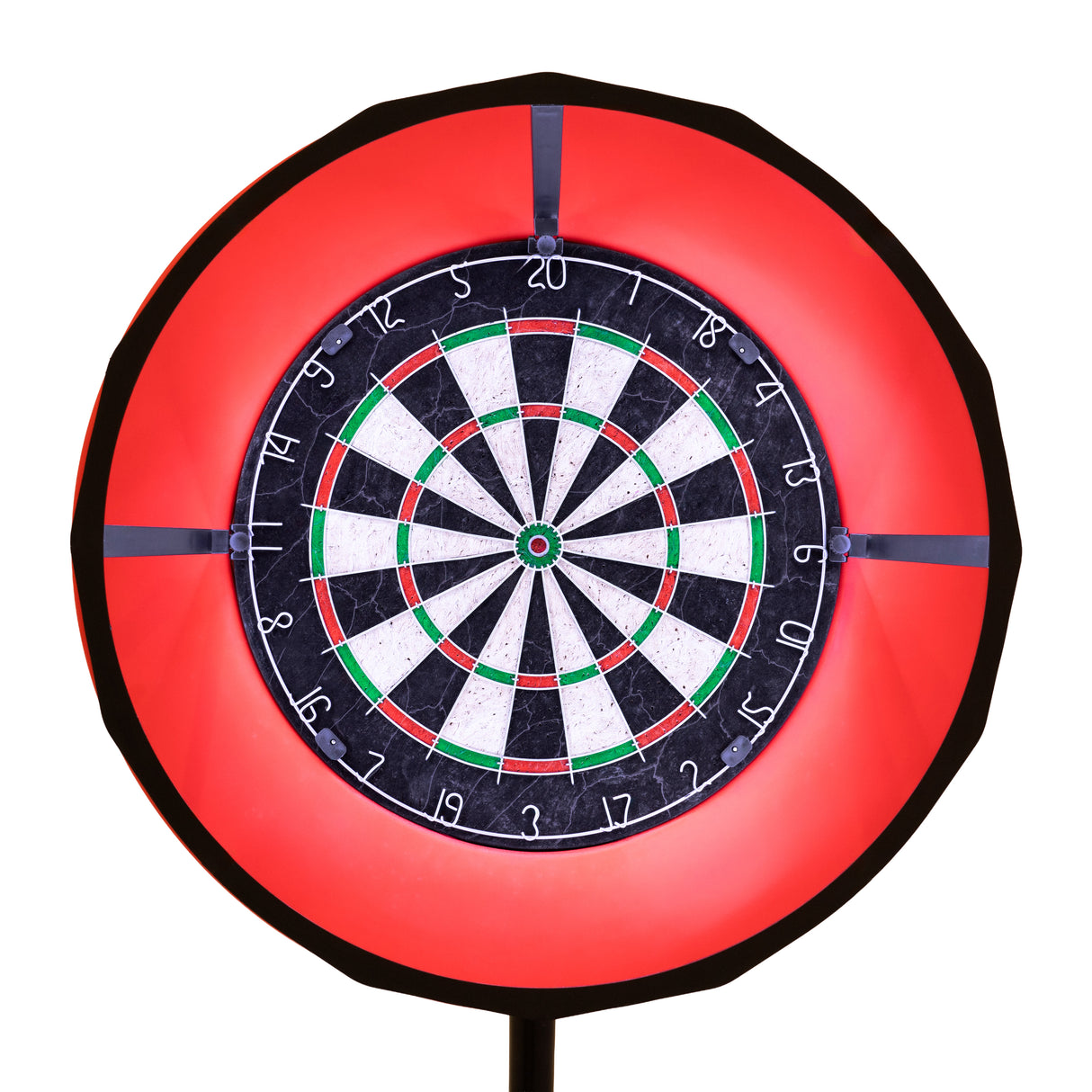 Diana de dardos iluminada con luz LED roja, fondo negro y blanco, con números y segmentos claramente visibles, ideal para juegos en casa