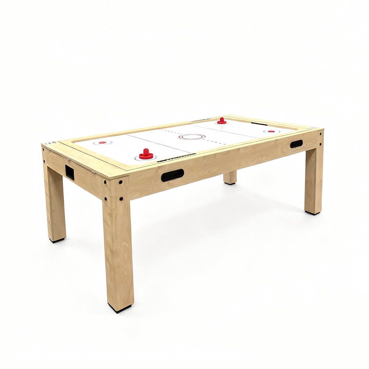 Mesa de juegos 7 en 1 de color roble, con superficie blanca, bordes amarillos y dardos, ideal para entretenimiento familiar