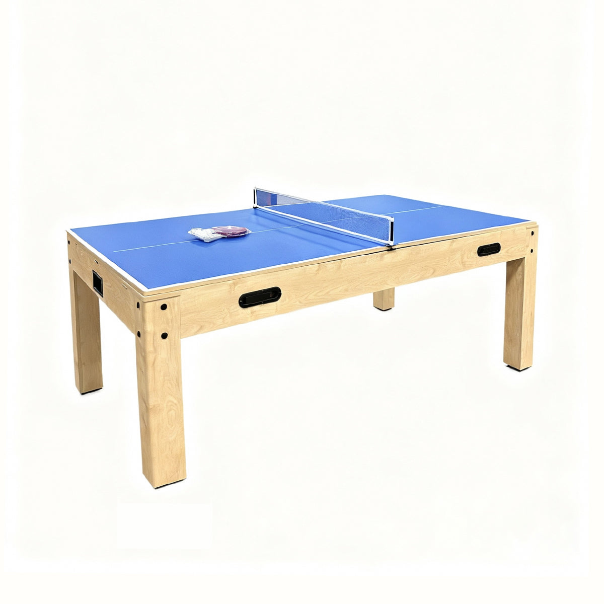 Mesa de juegos 7 en 1 de color roble, con superficie azul, patas robustas y un set de dardos, ideal para entretenimiento familiar