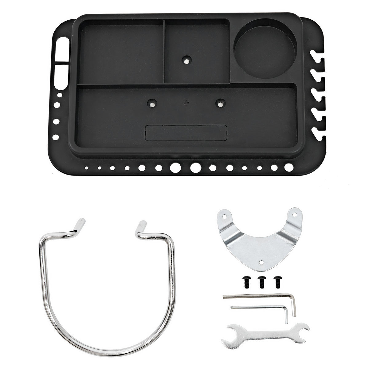 Soporte de reparación para bicicletas en color negro, incluye bandeja, ganchos de metal y herramientas para mantenimiento