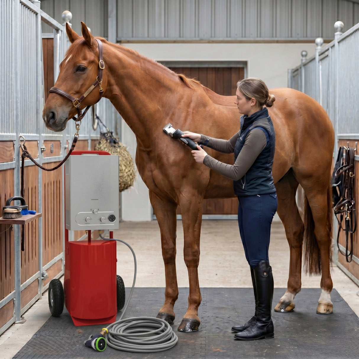 Ducha Portátil para Caballos y Esquiladora Inalámbrica - Roja