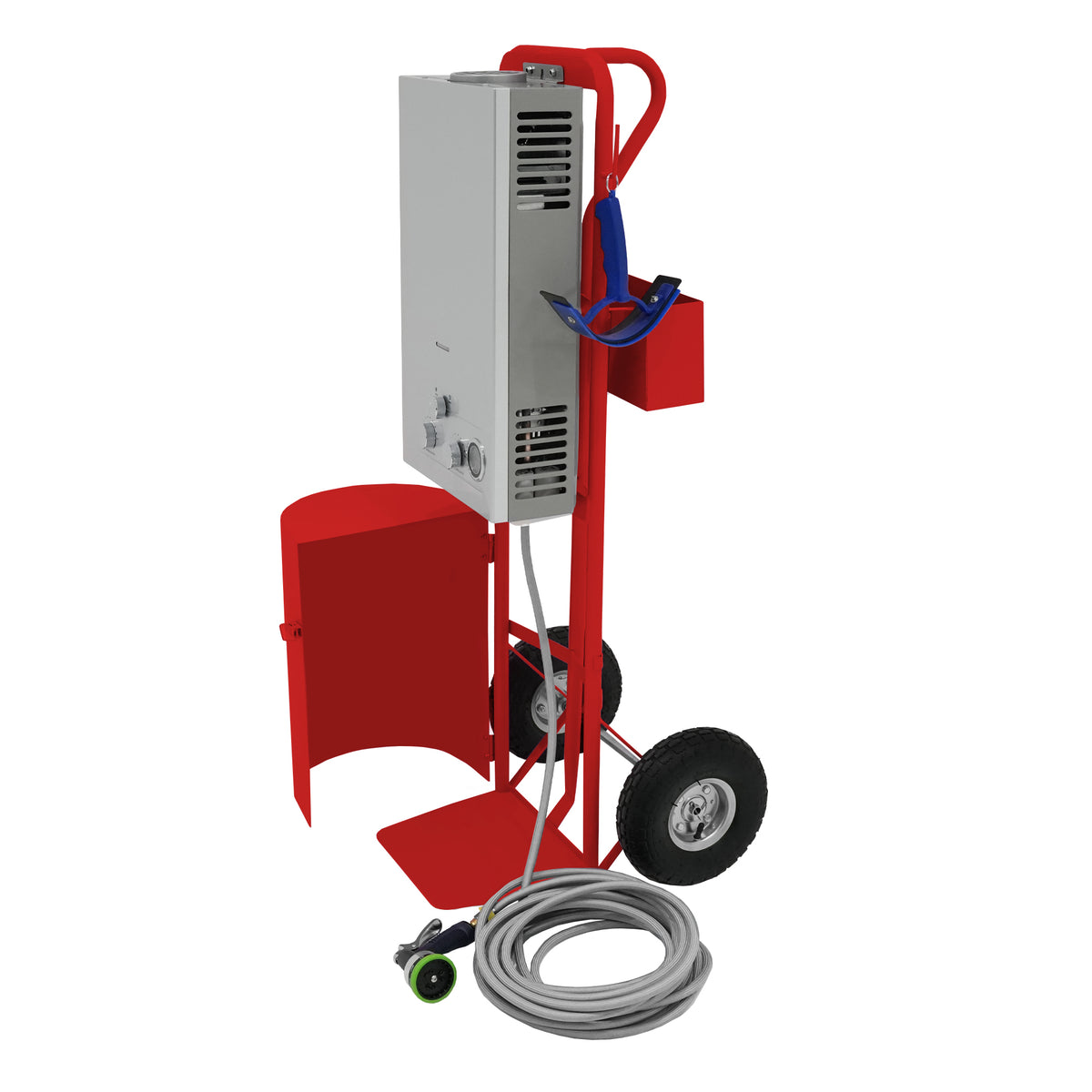 Ducha portátil para caballos con diseño rojo, ruedas para fácil transporte, manguera y accesorios incluidos, ideal para esquilar