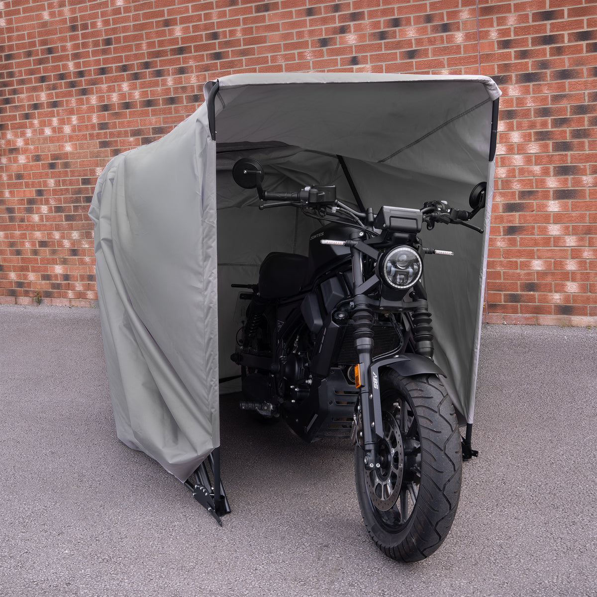 Garaje plegable grande para moto en color gris, con estructura resistente y tela impermeable, ideal para proteger la motocicleta
