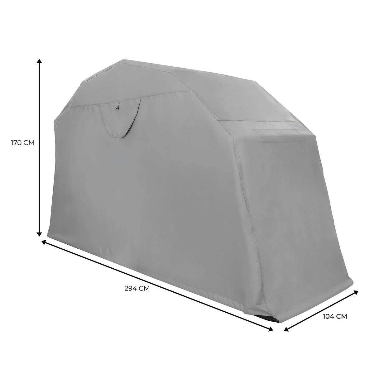 Garaje plegable grande para moto en color gris, con forma rectangular y medidas de 294 cm de largo, 170 cm de alto y 104 cm de ancho