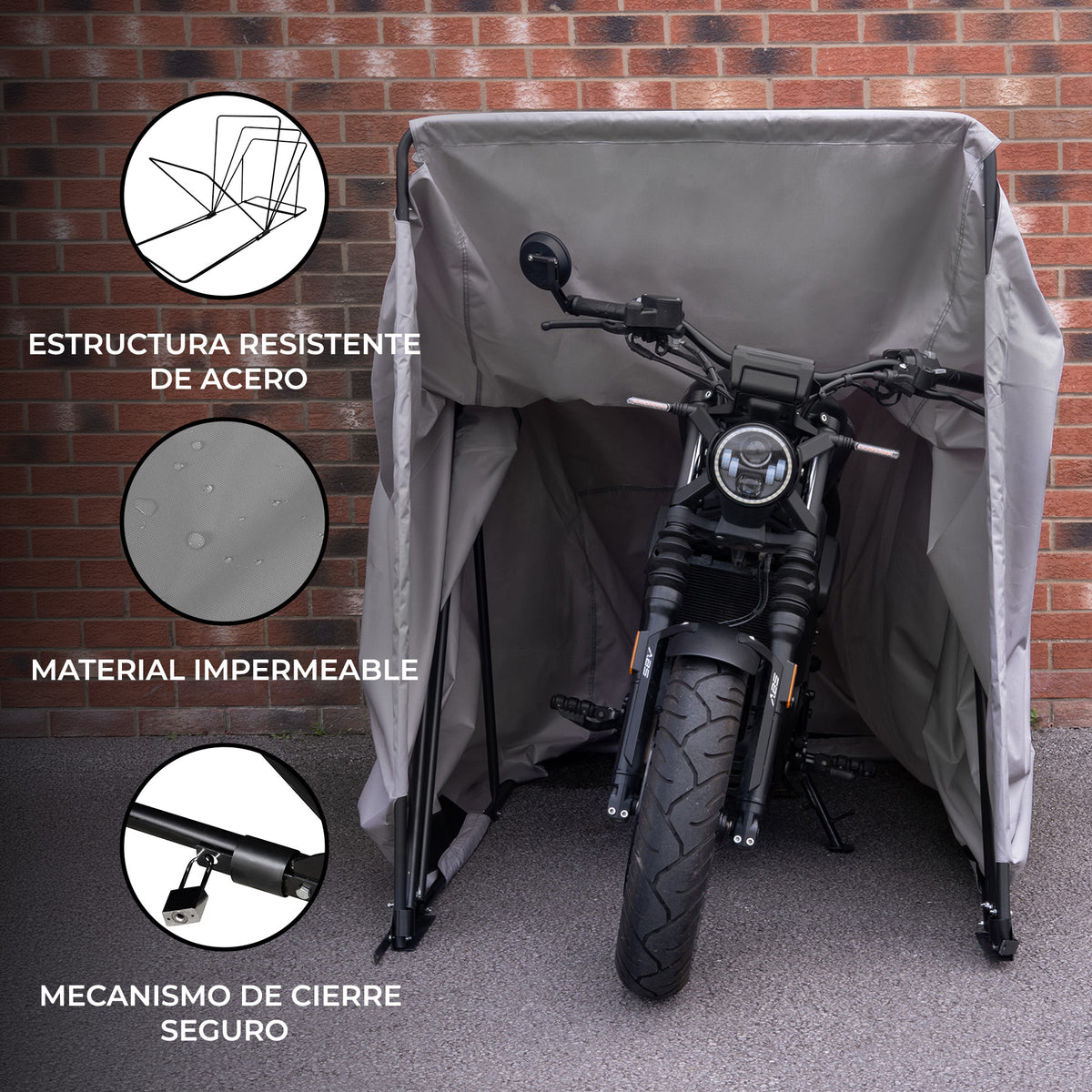 Garaje plegable grande para moto en color gris, con estructura de acero resistente y material impermeable, ideal para proteger la moto
