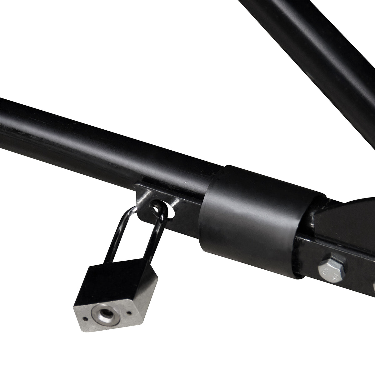 Estructura de garaje plegable para moto en color gris, con detalles metálicos y un candado de seguridad en la base