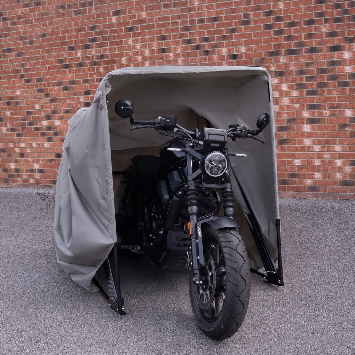 Garaje plegable mediano para moto en color gris, con estructura resistente y tela impermeable, ideal para proteger la moto del clima