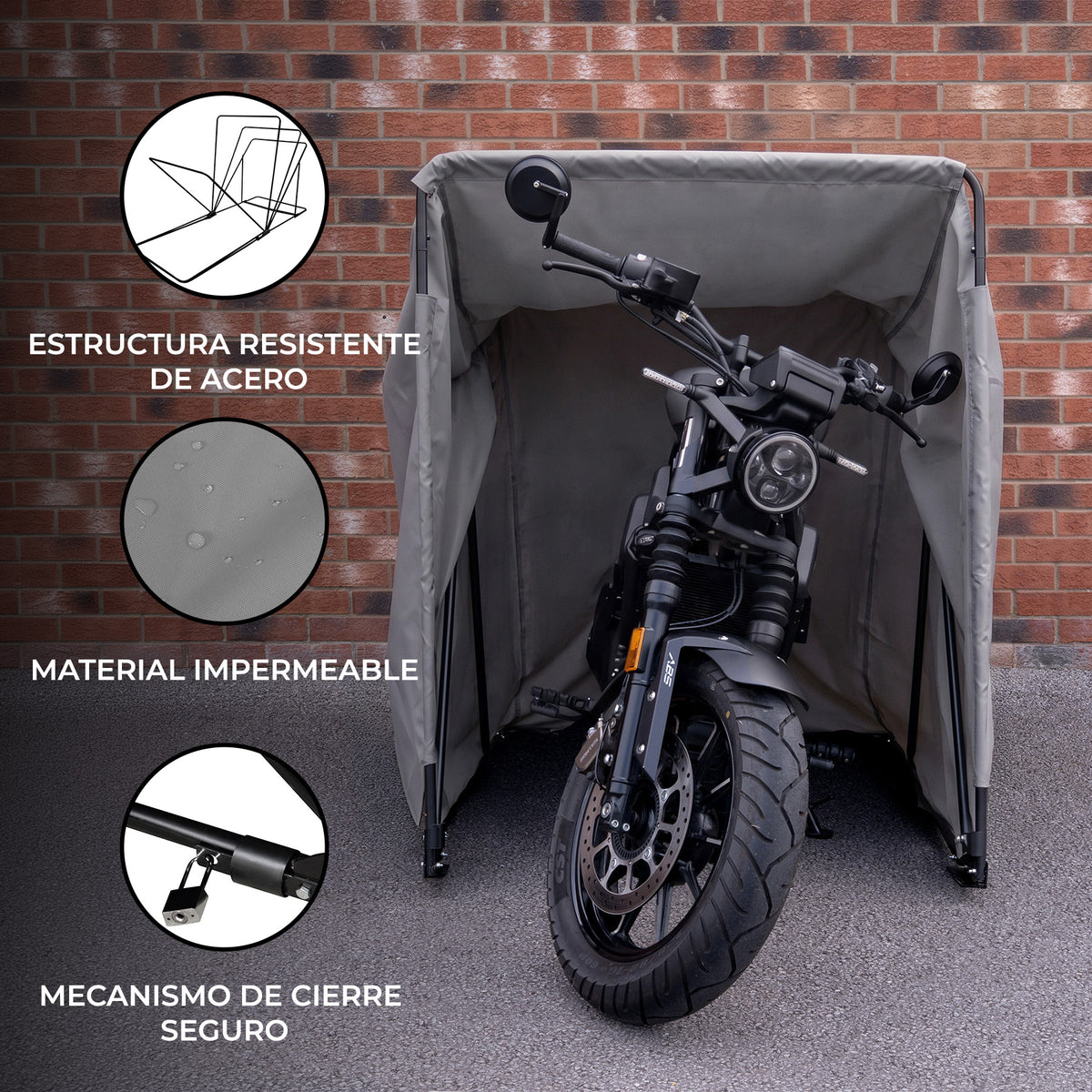 Garaje plegable mediano para moto en gris, con estructura de acero resistente y material impermeable, ideal para proteger tu moto