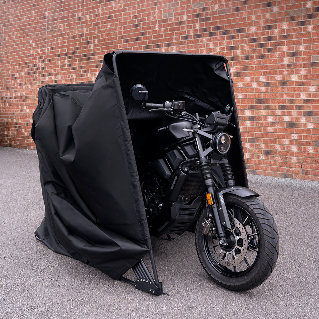 Garaje plegable negro para moto XL, con diseño resistente y textura suave, ideal para proteger motocicletas de las inclemencias del tiempo