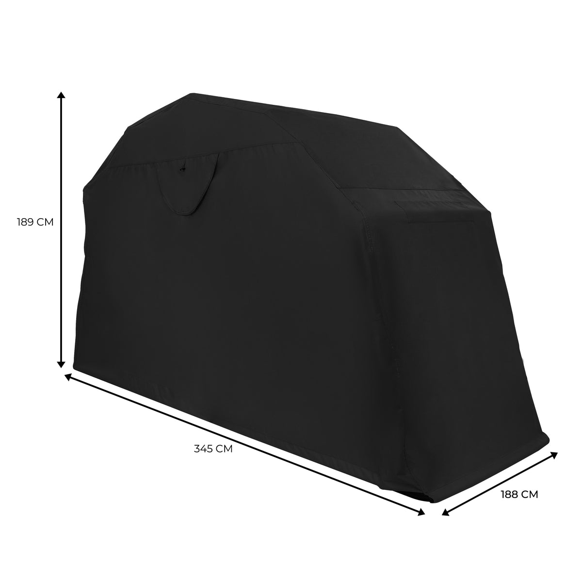 Garaje plegable para moto en color negro, con medidas de 345 cm de largo, 189 cm de alto y 188 cm de ancho, material resistente y duradero