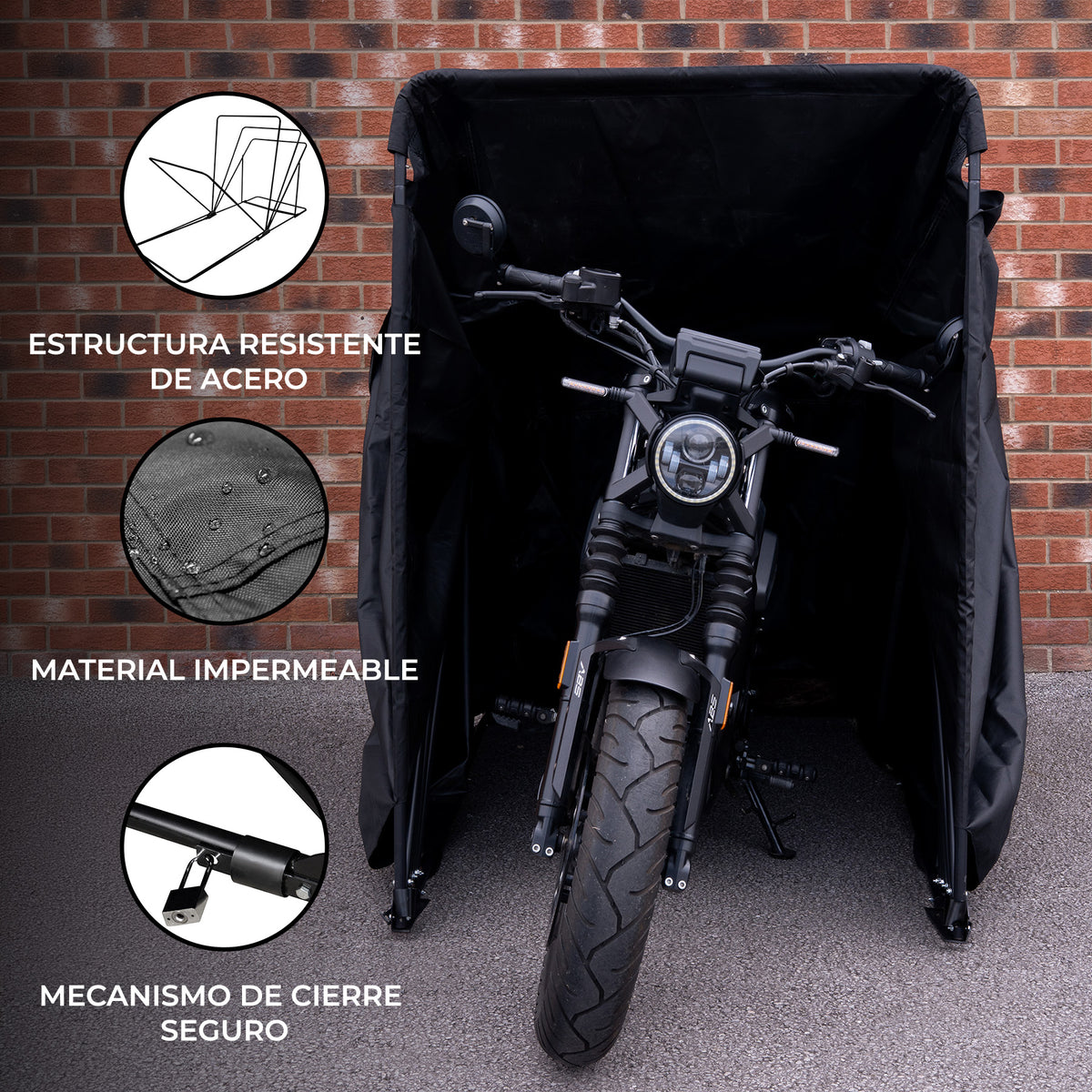 Garaje plegable para moto XL en color negro, con estructura de acero, material impermeable y mecanismo de cierre seguro