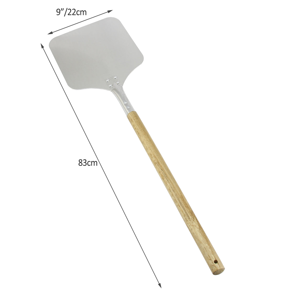 Pala para pizza de 22 cm con superficie de metal brillante y mango de madera, ideal para hornear y servir pizzas con facilidad