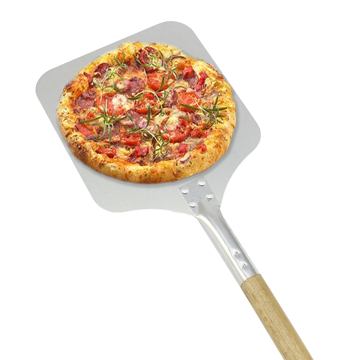 Pala para pizza KuKoo de 22 cm con mango de madera y superficie de acero inoxidable, sosteniendo una pizza con ingredientes frescos
