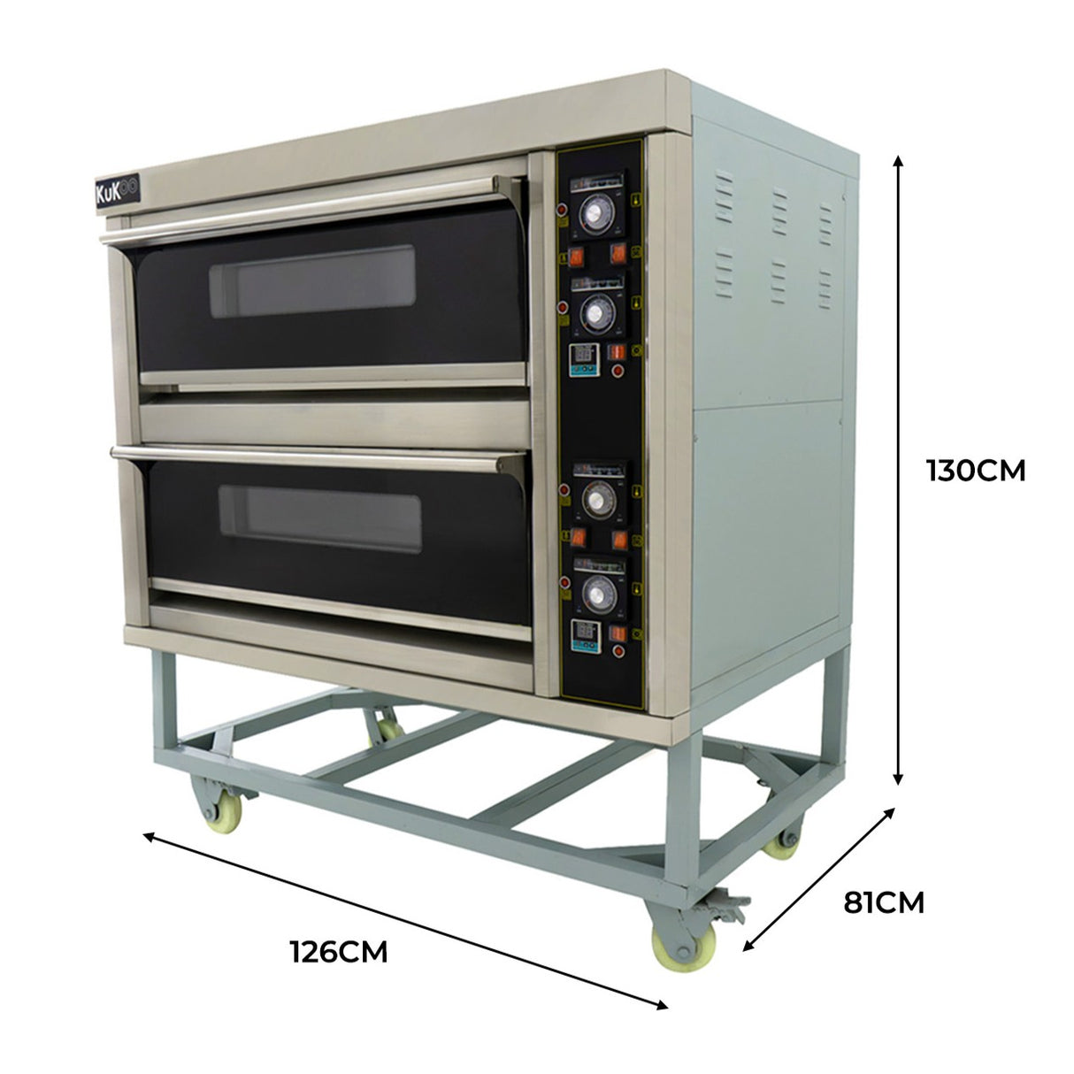 Horno comercial grande para pizza KuKoo de acero inoxidable, con dos compartimentos y pala para pizza, ruedas para fácil movilidad