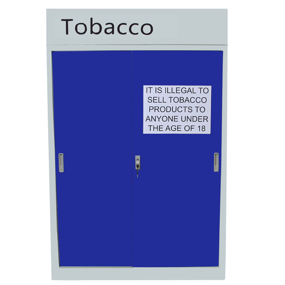Mueble expositor para cigarrillos y vapeadores, con puertas azules y un letrero que advierte sobre la venta a menores de 18 años