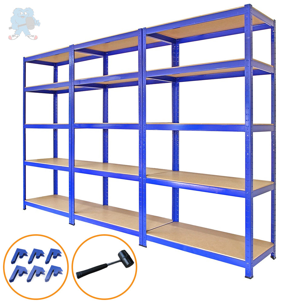 3 Estanterías Metálicas T-Rax Azules 90x45x180cm Sin Tornillos Capacidad Peso 280kg por Estante Almacenamiento Almacenaje Herramientas Taller Garaje Almacén Cobertizo Estanteria Metalica Industrial