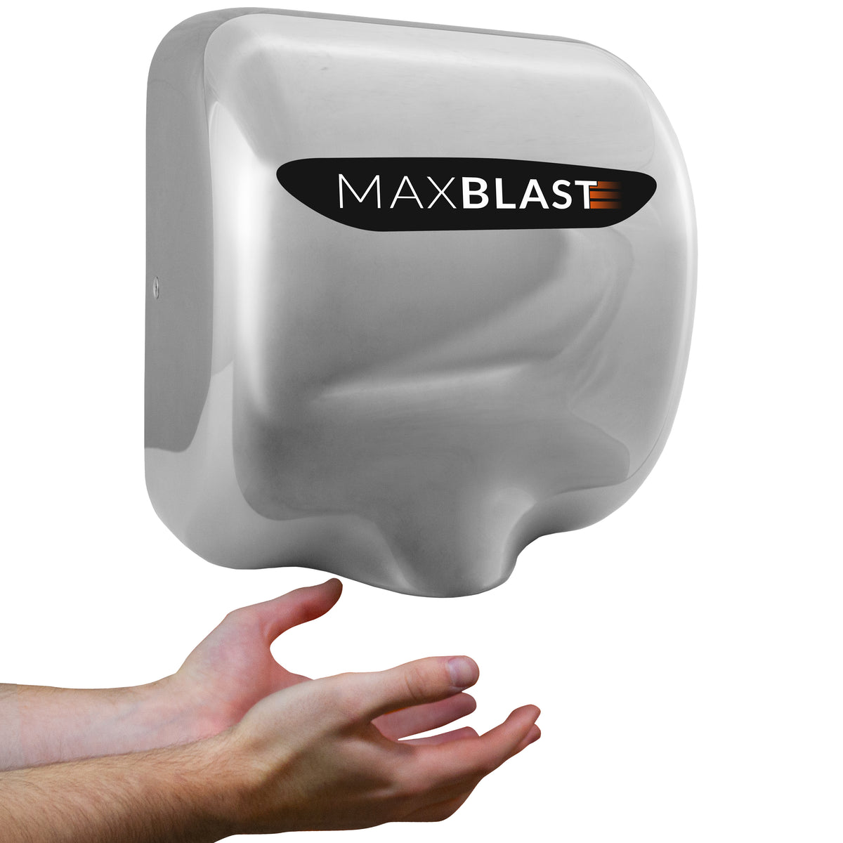 Secador de manos comercial MAXBLAST en acabado metálico brillante, diseñado para un secado rápido y eficiente de las manos