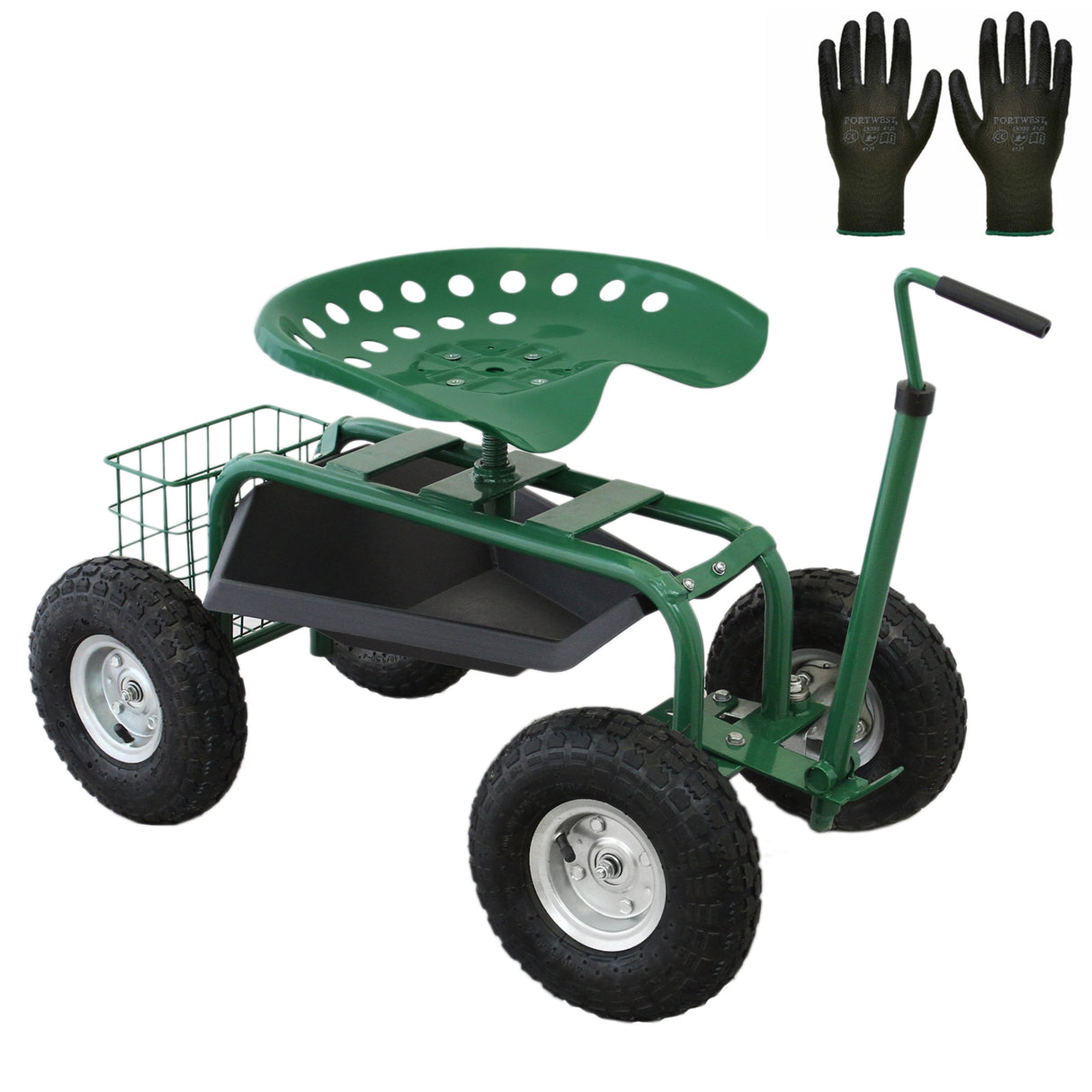 Resistente Asiento de Jardín Desplazable con Bandeja y Cesto para Herramientas