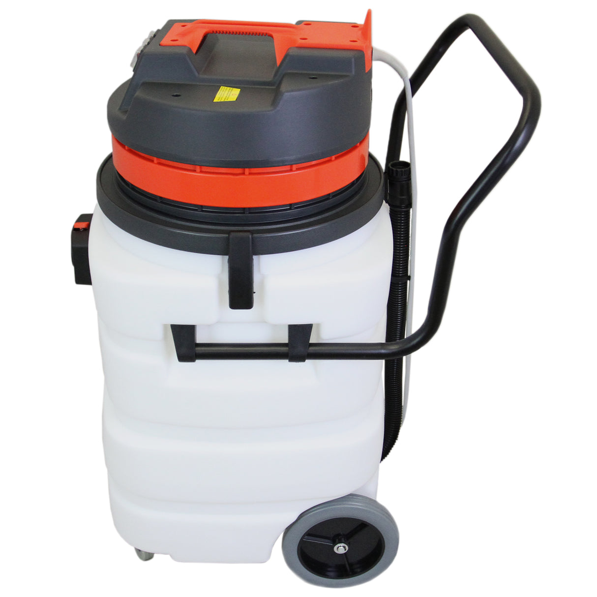 Aspirador industrial de sólidos y líquidos de 90 L, con motor de 3000 W, diseño robusto en blanco y negro, con detalles en naranja
