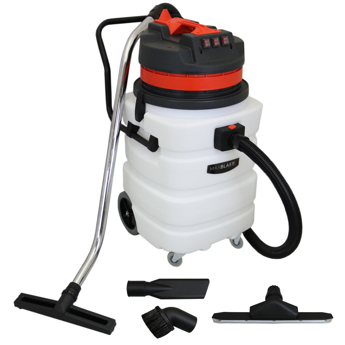 Aspirador industrial de sólidos y líquidos de 90 L, color blanco y negro, con manguera flexible y accesorios para limpieza eficiente
