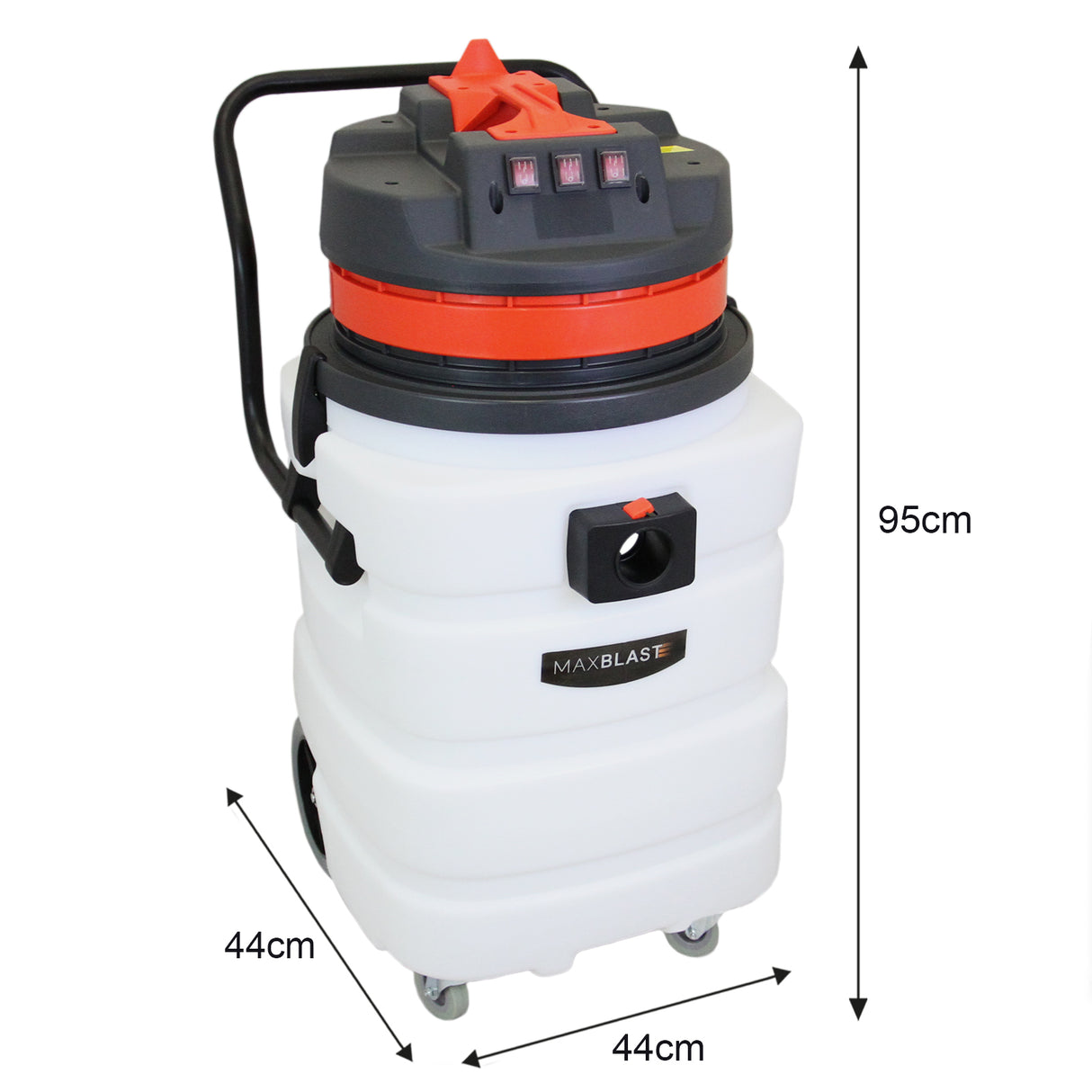 Aspirador industrial de sólidos y líquidos de 90 L, color blanco y negro, con detalles rojos, ruedas y mango para fácil transporte
