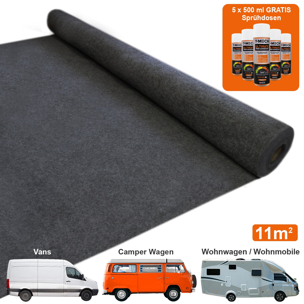 11 m² Forro de Alfombra de Furgoneta / Antracita y 5 Latas de Adhesivo
